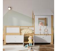 Lit enfant 90x200 cm, lit cabane mi-hauteur avec toit et fenêtre, 4 tiroirs, escalier et protection antichute sur 4 côtés, pin/MDF/contreplaqué, blanc/naturel