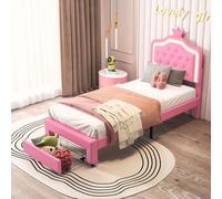 Lit enfant 90x200 cm, lit simple avec sommier à lattes, 2 tiroirs, LED, lit princesse avec couronne, rose