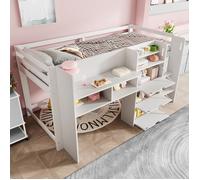 Lit enfant 90x200 cm , Lit Simple Mi,Hauteur avec Cabane et Multiples Tiroirs de Rangement , Bois Pin MDF , Blanc