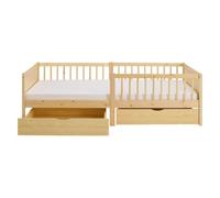 Cadre de lit 90x200 cm avec Matelas 2 Tiroirs Lit enfant Lit en bois Naturel Lit simple Lit à barreaux Sommier Lit bébé