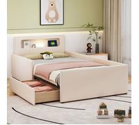 Lit enfant 90x200 cm rembourré simili-cuir beige-Veilleuse,ports USB,rangements,côtés surélevés sécurité-Garçon/fille-Sans matelas