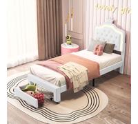 Lit Enfant 90x200 Cm, Simple Avec Sommier à Lattes, Tiroirs, LED, Lit Princesse Avec Couronne,blanc