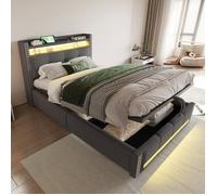 Lit enfant 90x200 cm tapissé gris lin - led usb tête de lit avec étagères et rangement vérin hydraulique