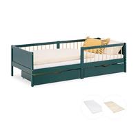 Lit d'enfant Homestyle4u 90 x 200 cm avec barrière de sécurité et 2 tiroirs ; matelas OEKO-TEX® Standard 100 ; sommier à lattes vert OEKO-TEX® Standard 100