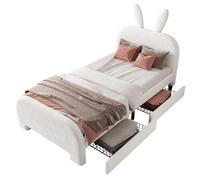 Lit Enfant 90x200 en Forme de Lapin Lit Rembourré avec 2 tiroirs avec sommier à Lattes en Laine Mouton Blanc sans Matelas