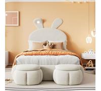 Lit Enfant 90x200 - MERAX - Velours Beige - Oreilles de Lapin LED - 2 Poufs de Rangement - Tête Ajustable
