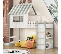 Lit Enfant 90x200cm Bois Massif Vert Échelle de Sécurité Rangement Haut Bas Évolutif Garçon Fille - Sans Matelas
