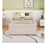 Lit enfant 90x200cm simili cuir beige - veilleuse, ports USB, rangements, côtés surélevés - garçon/fille(sans Matelas)