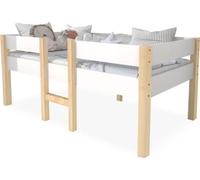 Lit enfant AIORBER 90x190 en pin massif avec barrière de sécurité, lit semi-haut avec échelle, sommier à lattes inclus, blanc et chêne