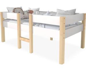 Lit enfant AIORBER 90x190 en pin massif avec barrière de sécurité, lit semi-haut avec échelle, sommier à lattes inclus, blanc et chêne