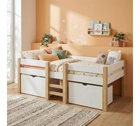 Lit enfant Aspy 90x200 cm – Lit superposé avec 2 tiroirs, barrière de sécurité et sommier à lattes – Lit mi-hauteur en bois massif de pin, blanc/naturel, avec échelle – Lit pour adolescents avec espac