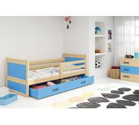 Lit enfant avec espace de rangement avec matelas 80x190 FERGUS - pin / bleu