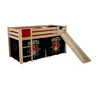 Vipack Lit de jeu Pino avec toboggan et set textile "Pirates" - Pin massif laqué naturel, Dimension : 210 cm x 114 cm x 218 cm ; PICOHSGB1077