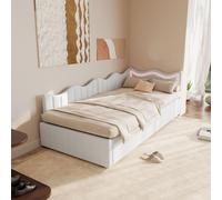 Lit enfant/banquette avec coffre et LED – 90x200 cm – Tissu peluche blanc avec tête de lit ondulée design moderne