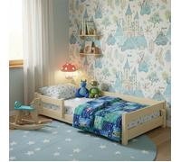 Lit Enfant Bas NORDI 60x120 cm - Bois Naturel, Structure Basse, Barrières de Sécurité