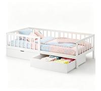 Lit d'enfant BEALIFE avec barrière de sécurité et sommier à lattes | 90 x 200 cm, espace de rangement | Blanc, unisexe | BF94