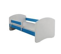 Lit junior ACMA II Lit enfant 140 x 70 cm Lit junior Ensemble complet avec matelas Sommier à lattes et barrière de sécurité Blanc / Bleu , Chambre d'enfant