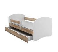 Lit junior ACMA II Lit enfant 160 x 80 Lit junior Ensemble complet avec matelas, sommier à lattes et barrière de sécurité Blanc / Chêne Sonoma, avec coffre de rangement