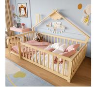 Lit enfant cabane 90x190 cm avec barrière 32 cm et verrou, structure stable, pin/MDF, naturel