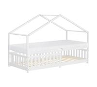 Lit enfant cabane 90x200 cm blanc pin massif avec matelas H16cm sommier à lattes