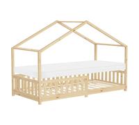 Lit enfant cabane 90x200 cm naturel massif avec matelas H10cm sommier à lattes