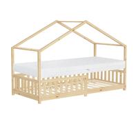 Lit enfant cabane 90x200 cm naturel massif avec matelas H16cm sommier à lattes