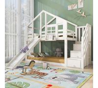 Lit enfant « Cabane dans les arbres » 90 x 200 cm - Lit superposé en pin massif avec toboggan, escalier avec rangement et barrière de sécurité - Lit mezzanine pour 2 enfants - Blanc