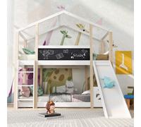 Lit enfant « cabane dans les arbres » avec toboggan et échelle, 90 x 200 cm. Lit mezzanine en pin massif, lit ludique avec tableau, 2 sommiers à lattes inclus. EN 747. Couleurs : naturel et blanc