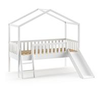 Vipack Lit cabane Dallas 90x200, échelle et toboggan, sommier à lattes à roulettes, pin laqué blanc
