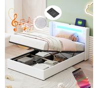 Lit enfant capitonné 90x200 avec LED, Bluetooth, USB, rangement PU cuir, sommier, blanc.