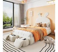 Lit enfant capitonné 90x200 cm, joli lit pour adolescents avec lampe LED, 2 poufs de rangement, repose-tête réglable en forme d'oreille de lapin, structure de lit simple avec sommier à lattes, en velo