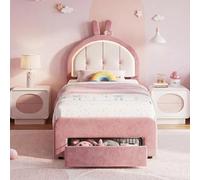 Lit enfant capitonné, 90x200 cm, lit simple pour fille, lit princesse, lit enfant 90x200 cm avec revêtement en similicuir et tiroir de rangement, structure de lit en velours, tête de lit rembourrée en