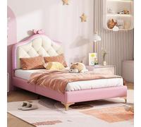 Lit enfant capitonné, 90x200 cm, lit simple, tête de lit LED avec un nœud rose, structure de lit pour enfant/adolescent avec sommier à lattes, lit plat avec dossier, sans matelas, revêtement enPolyuré