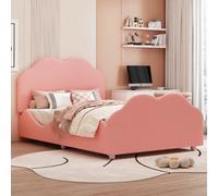 Lit enfant capitonné 90x200, haut à barrière, tête/foot nuage, velours, rose.