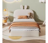 Lit enfant capitonné tête de lit lapin, lit enfant avec lattes en bois, lit simple, velours, beige, 90x200cm
