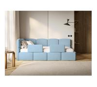 Selsey Cloudy – Lit enfant 120 cm, coffre de rangement, 2 barrières de sécurité, velours, gauche, bleu clair