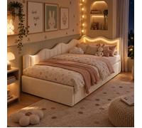 Lit enfant coffre 90x200 avec éclairage LED RGB - Canapé lit avec sommier - rangement hydraulique - 1 Personne -Tissu Velours Beige