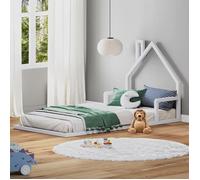 Lit enfant ELOA au sol 90x200 cm de type Montessori, tête de lit en forme de maison, en bois massif lasuré blanc