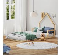 Lit enfant ELOA au sol 90x200 cm de type Montessori, tête de lit en forme de maison, en bois massif naturel