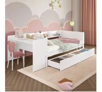 Lit enfant en bois 90x200cm avec bureau-équipé de 2 tiroirs Lit simple plat avec étagères Bois de pin massif Blanc