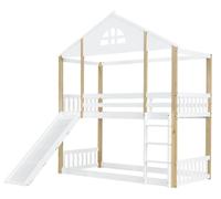 Lit enfant en cabane avec toboggan - Lit superposé - 90 x 200 cm - Bois massif et MDF - Blanc/Naturel - Fenêtres décoratives - Barrières de sécurité tout autour