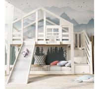 Lit enfant en forme de cabane, 90x200 cm, lit superposé pour enfants avec toboggan, tiroirs, barrières de sécurité et 2 sommiers à lattes (sans matelas), blanc