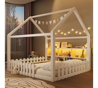Lit enfant en forme de maison, 140x190 cm, en bois massif de pin, avec barre lumineuse LED, tête de lit, espace de rangement et barrière de sécurité. Lit pour enfant, stable et silencieux, de couleur