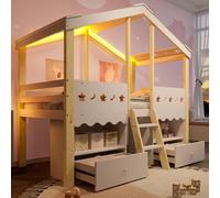 Lit enfant en forme de maison 90 x 200 cm, lit mezzanine en pin massif avec éclairage LED et 2 tiroirs, lit de jeu mi-haut, structure robuste, blanc naturel