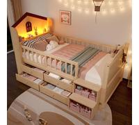 Lit enfant en forme de maison 90 x 200 cm - Lit mi-haut en pin avec éclairage LED, 4 tiroirs, échelle de rangement et barrière de sécurité - Naturel et blanc