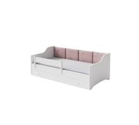 Kobi Lit enfant Eryk 160x80 – panneaux rembourrés, tiroir, garde-corps – Blanc (panneaux roses)