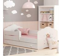 Lit enfant FALA 140x70 avec barrière matelas sommier et tiroir - avec illustration d'une petite fille avec des ailes