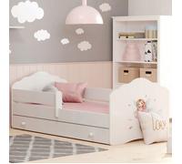 Lit enfant FALA 160 x 80 cm + sommier + matelas + tiroir + barrière de protection avec motif fille aux petites ailes
