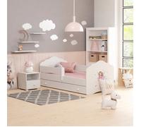 Lit enfant FALA 160 x 80 cm + sommier + matelas + tiroir + barrière de protection avec motif fille aux petites ailes