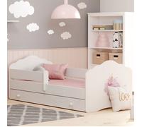 Lit enfant FALA 160 x 80 cm + sommier + matelas + tiroir + barrière de protection avec motif princesse